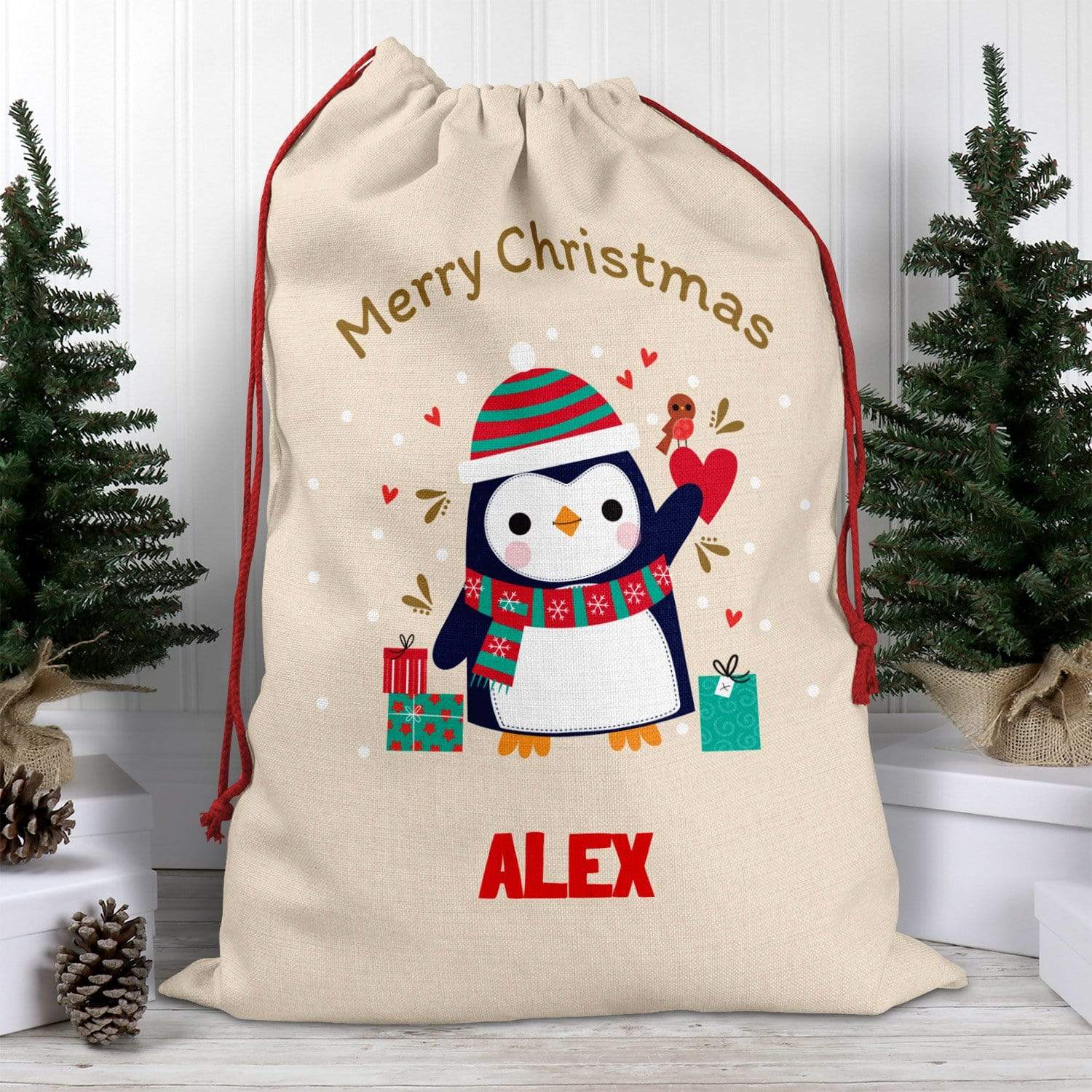 Merry Christmas Penguin Santa Sack